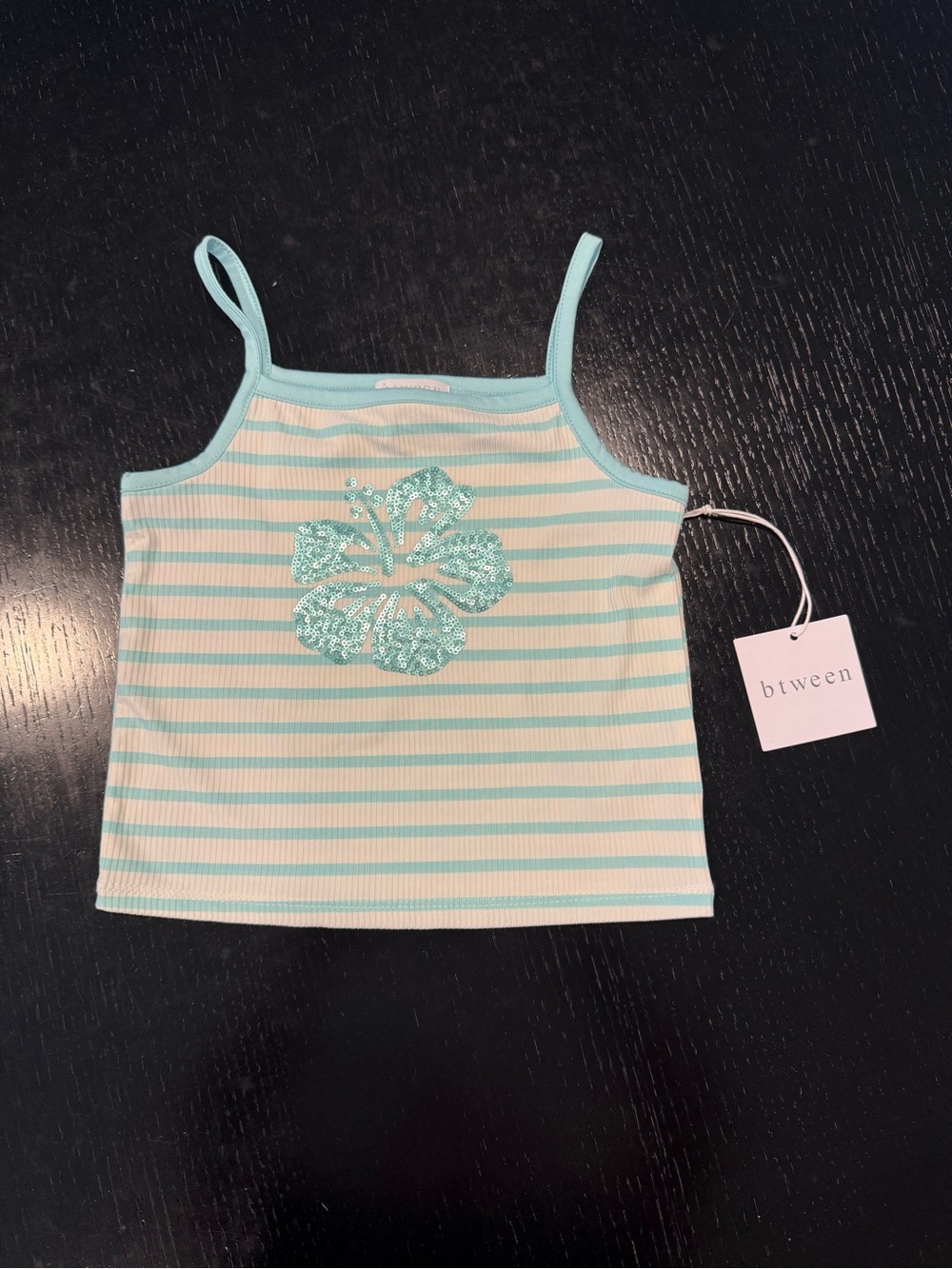 btween Mint & Cream Striped Tank Top with Sequin Flower